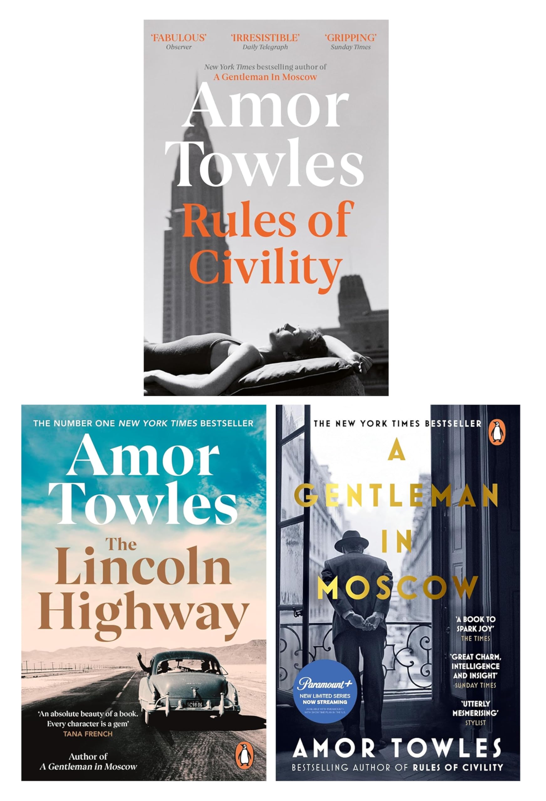 Front cover of the Amor Towles Collection 3 Books Set paperback box, showing Rules of Civility, The Lincoln Highway, and A Gentleman in Moscow