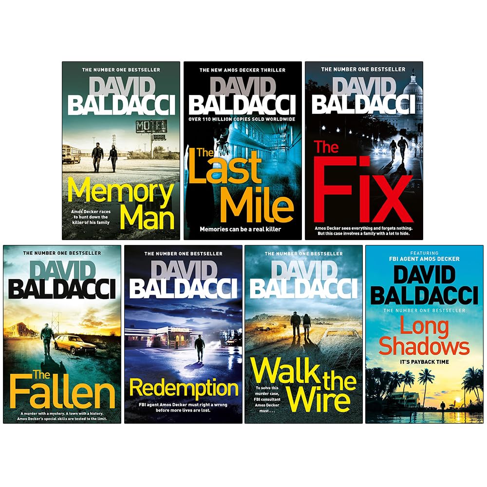 All 7 Amos Decker paperback books by David Baldacci fanned out together, showing every cover in the series.