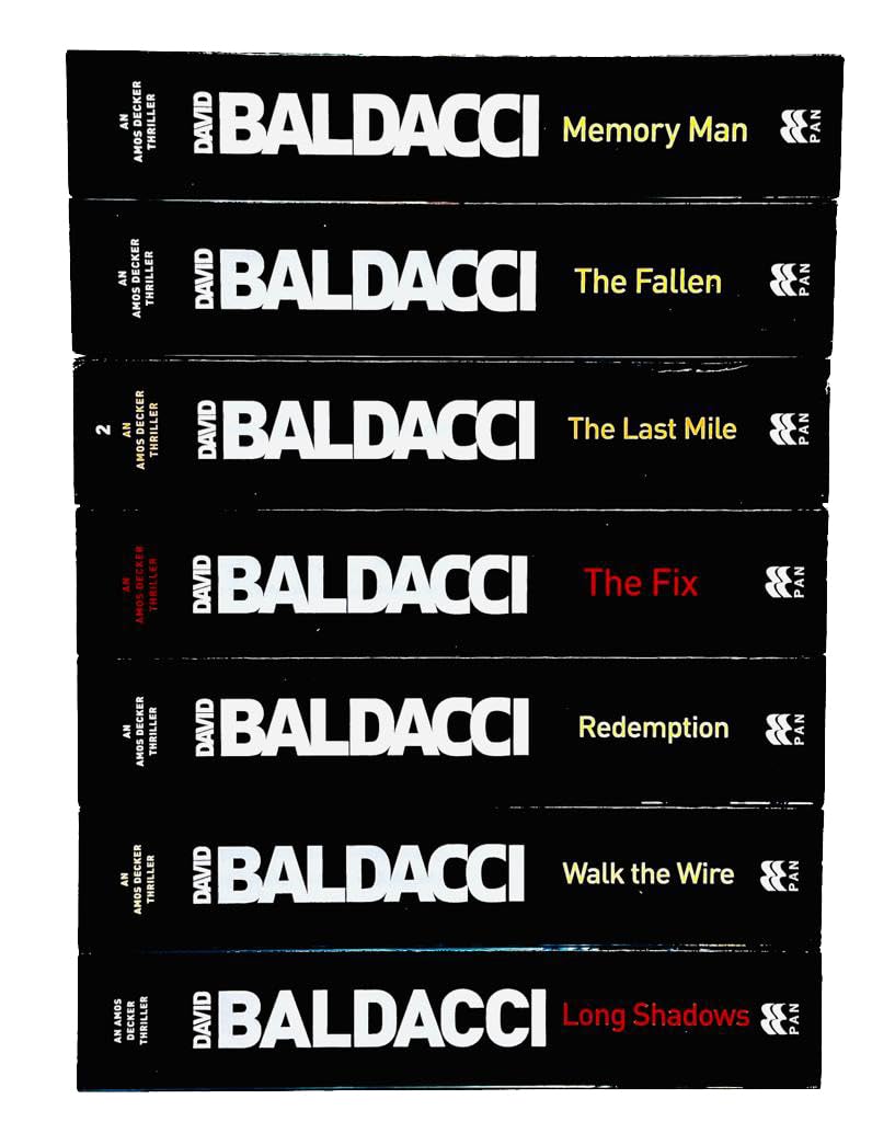 All seven Amos Decker paperback novels by David Baldacci stacked together showing spines and titles.