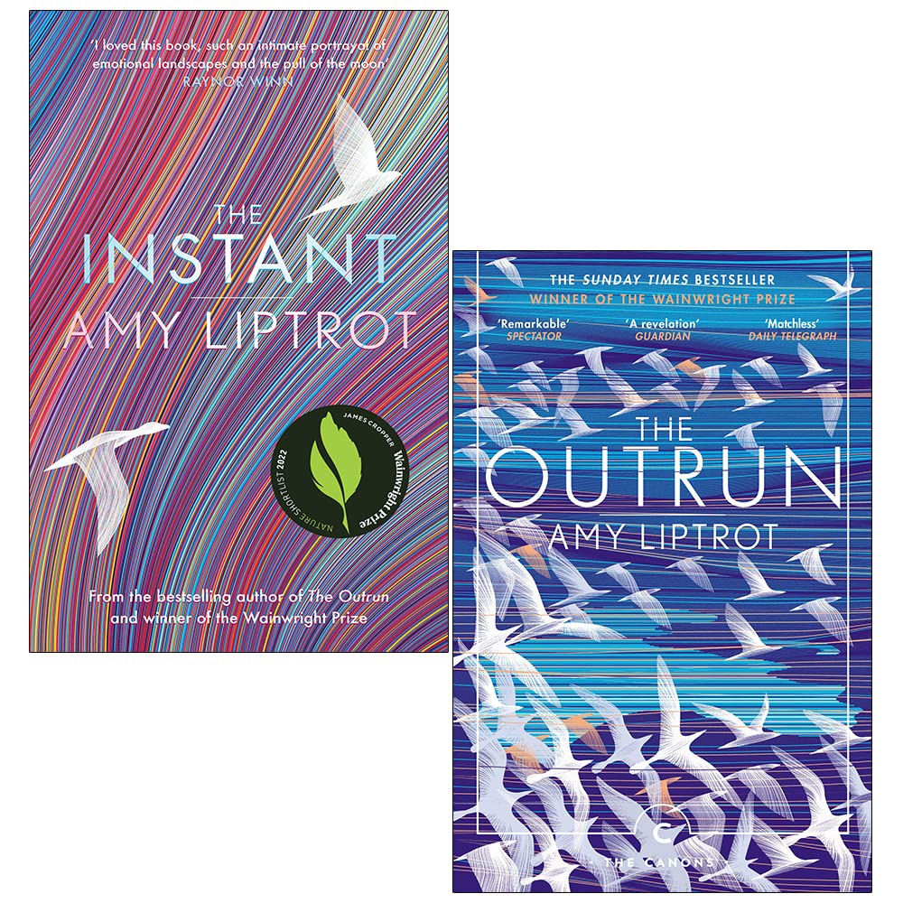 Amy Liptrot 2 Book Set front cover showing The Outrun paperback and The Instant hardcover memoirs