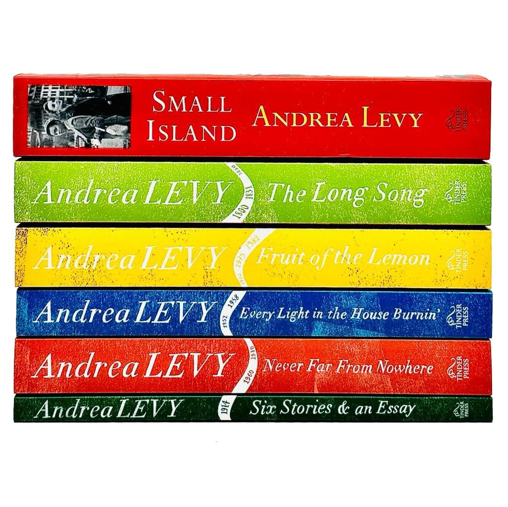Full set of all six Andrea Levy paperback books fanned out showing Fruit of the Lemon, Every Light in the House Burning, Never Far from Nowhere, and Six Stories and an Essay