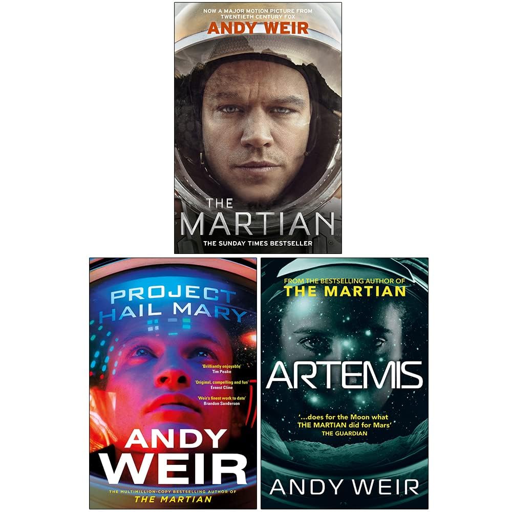 Front cover of Andy Weir's 3-Book Collection Set paperback featuring Project Hail Mary, Artemis, and The Martian.