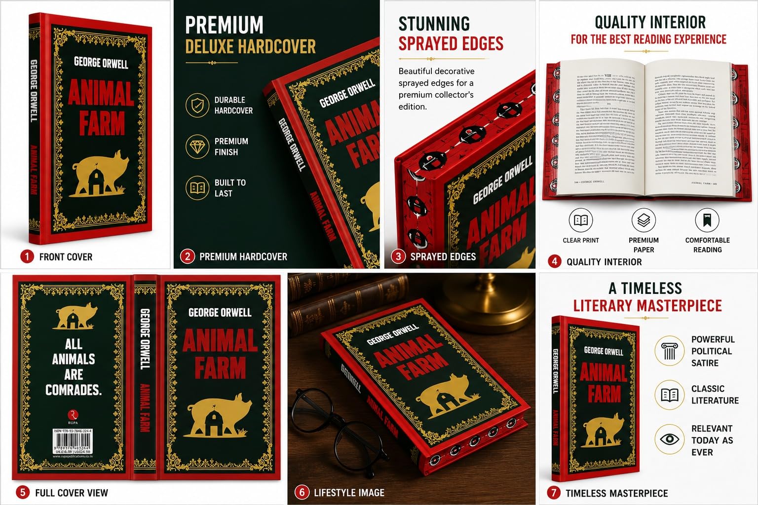 Back cover of the Animal Farm deluxe hardcover sprayed edge edition showing full jacket design
