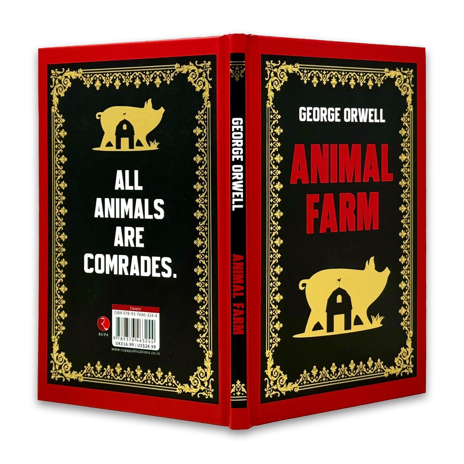 Angled view of the Animal Farm deluxe hardcover edition showing the spine and premium binding