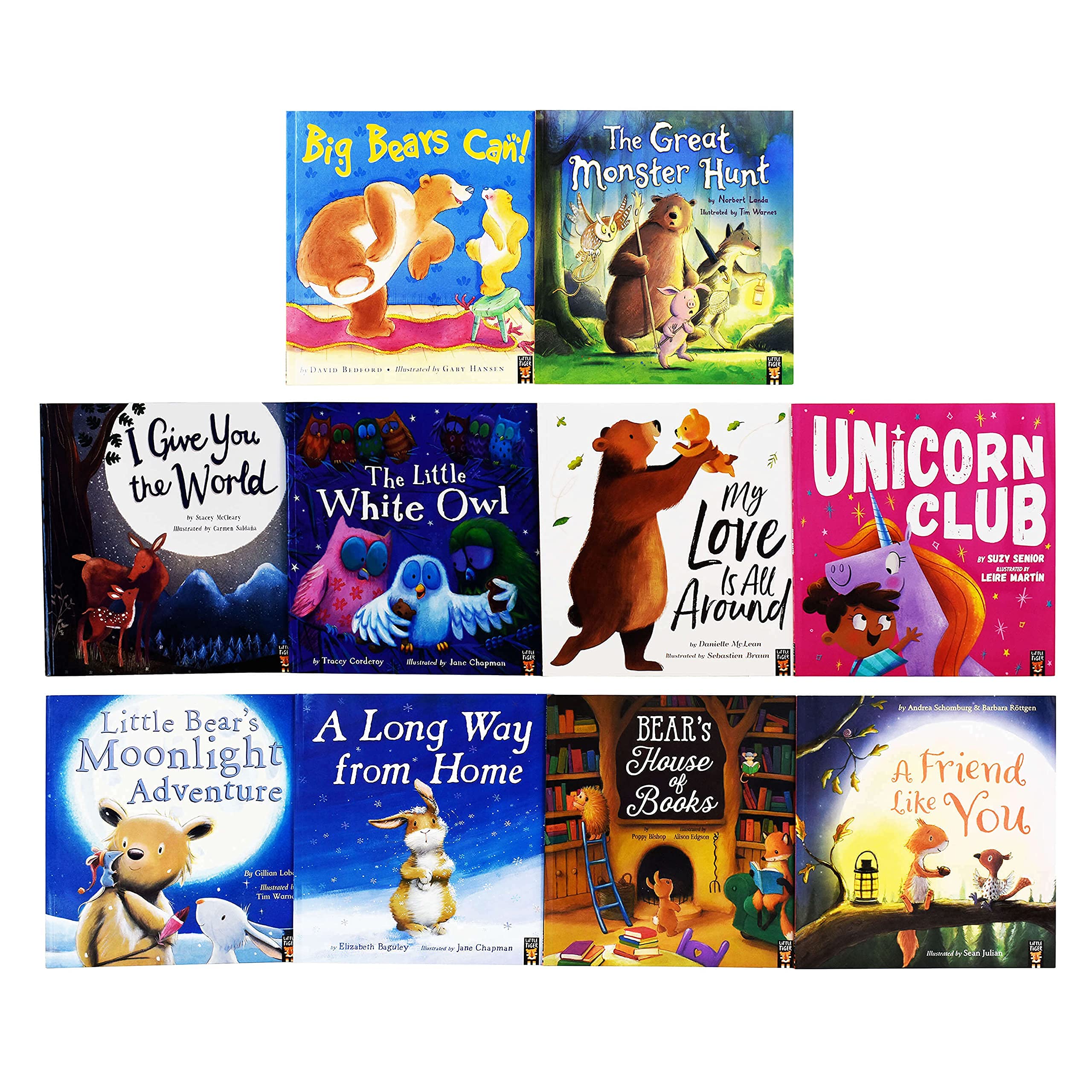 All ten paperback books from the Little Tiger Animal Picture Books collection fanned out, showing Moonlight Adventure, Unicorn Club, and more titles