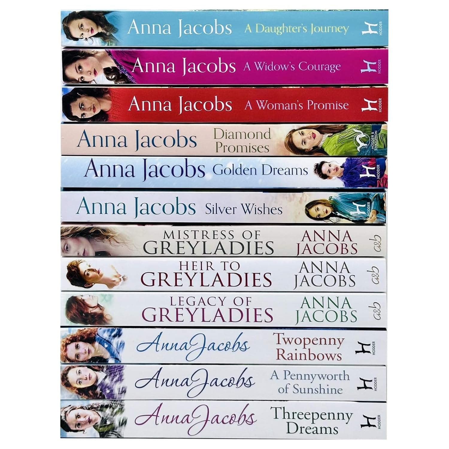 Full Anna Jacobs 12 book paperback collection set fanned out showing all four family saga series covers