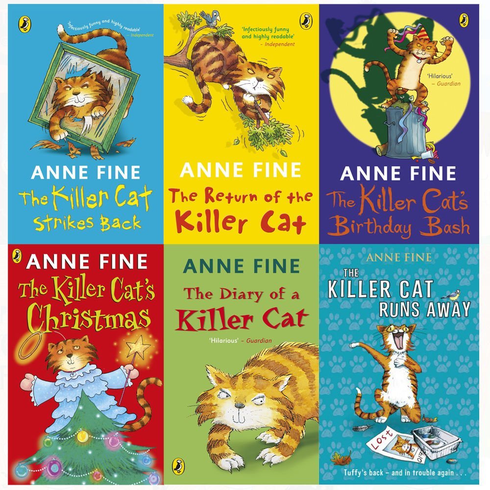 Close-up group shot of the Anne Fine Killer Cat 6-book paperback collection stacked together, highlighting the Puffin edition covers.