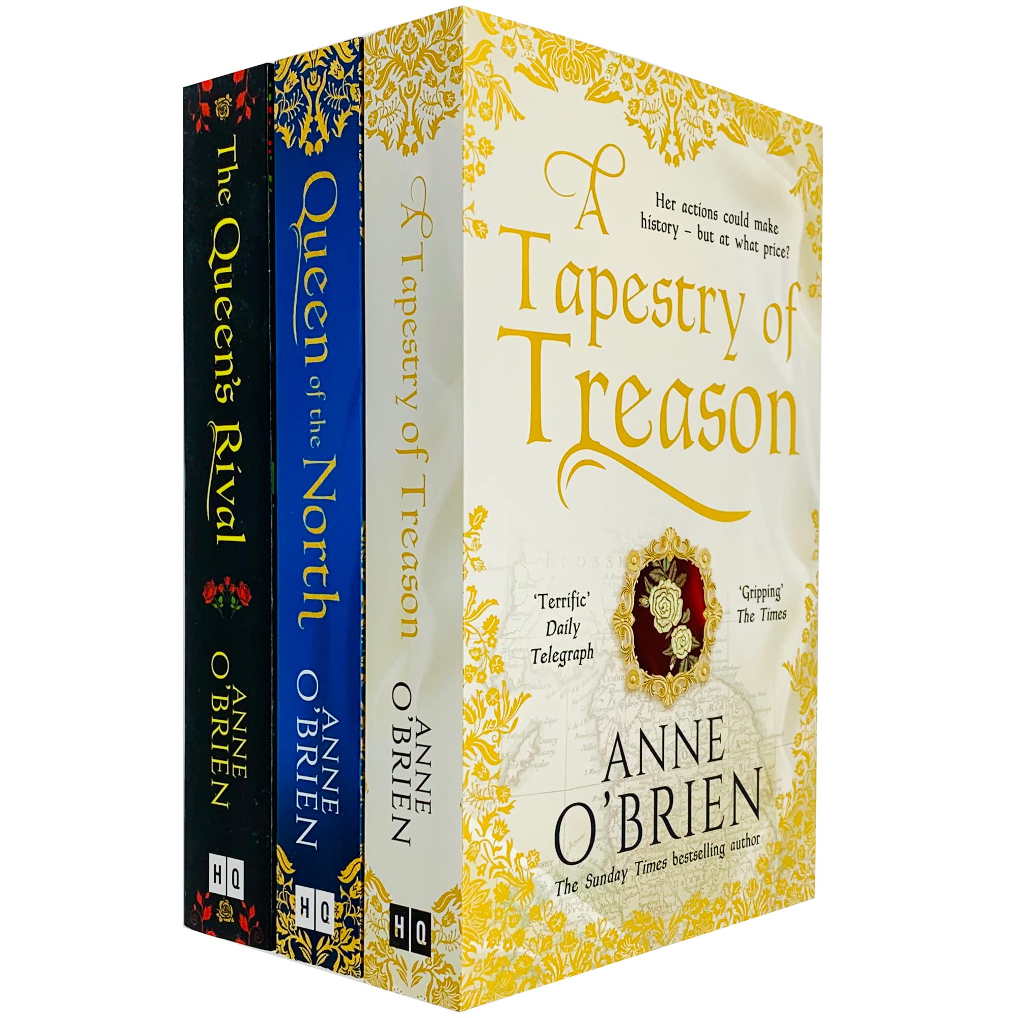 Front cover of Anne O'Brien 3 Books Collection Set paperback featuring The Queen's Rival, Queen of the North, and A Tapestry of Treason