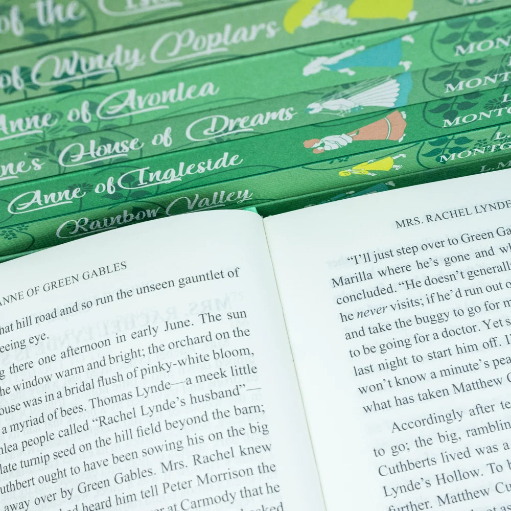 Close-up detail of the Anne of Green Gables hardback collection cover artwork and title text