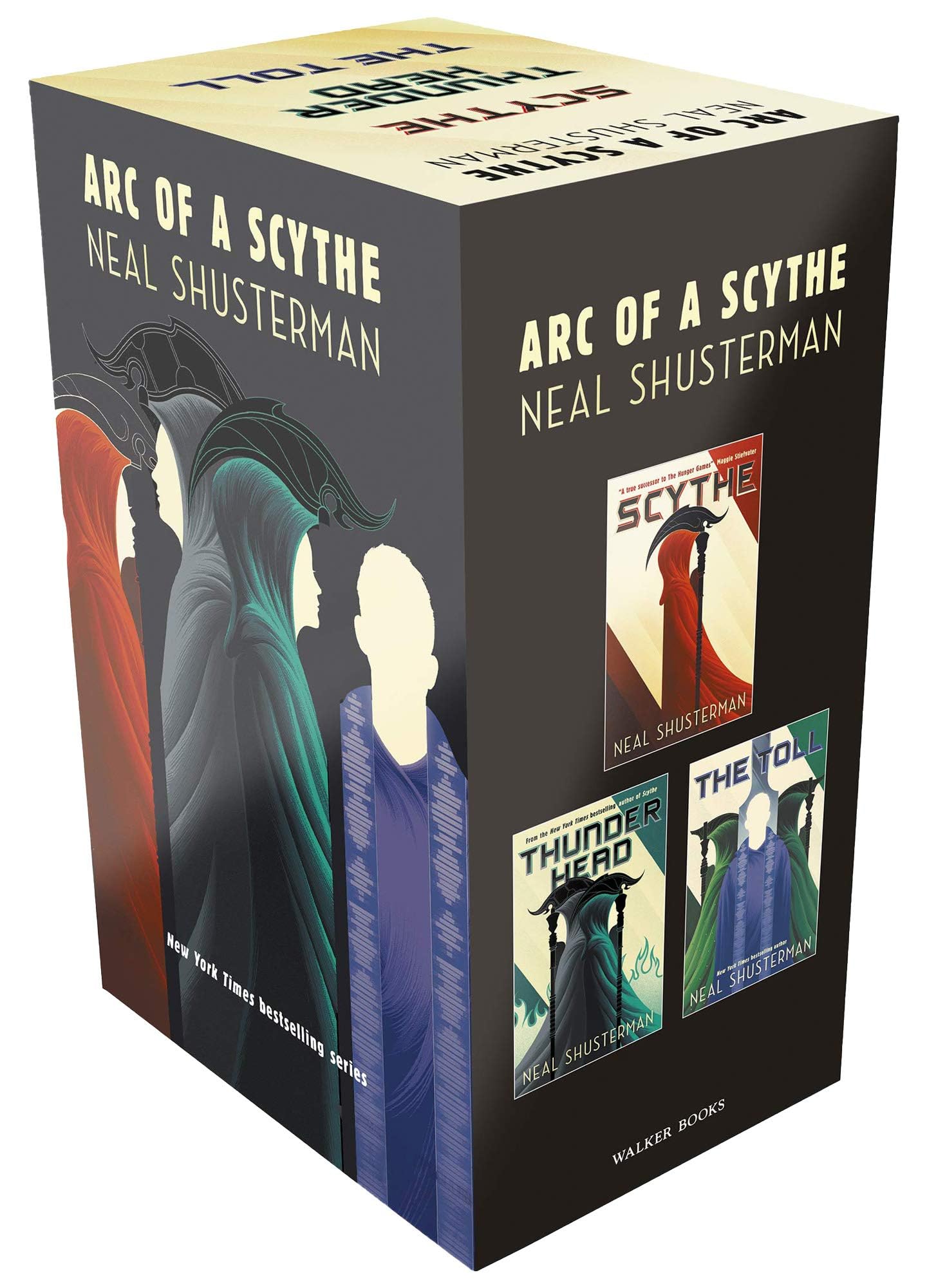 Scythe, Thunderhead, and The Toll paperback books fanned out showing all three covers