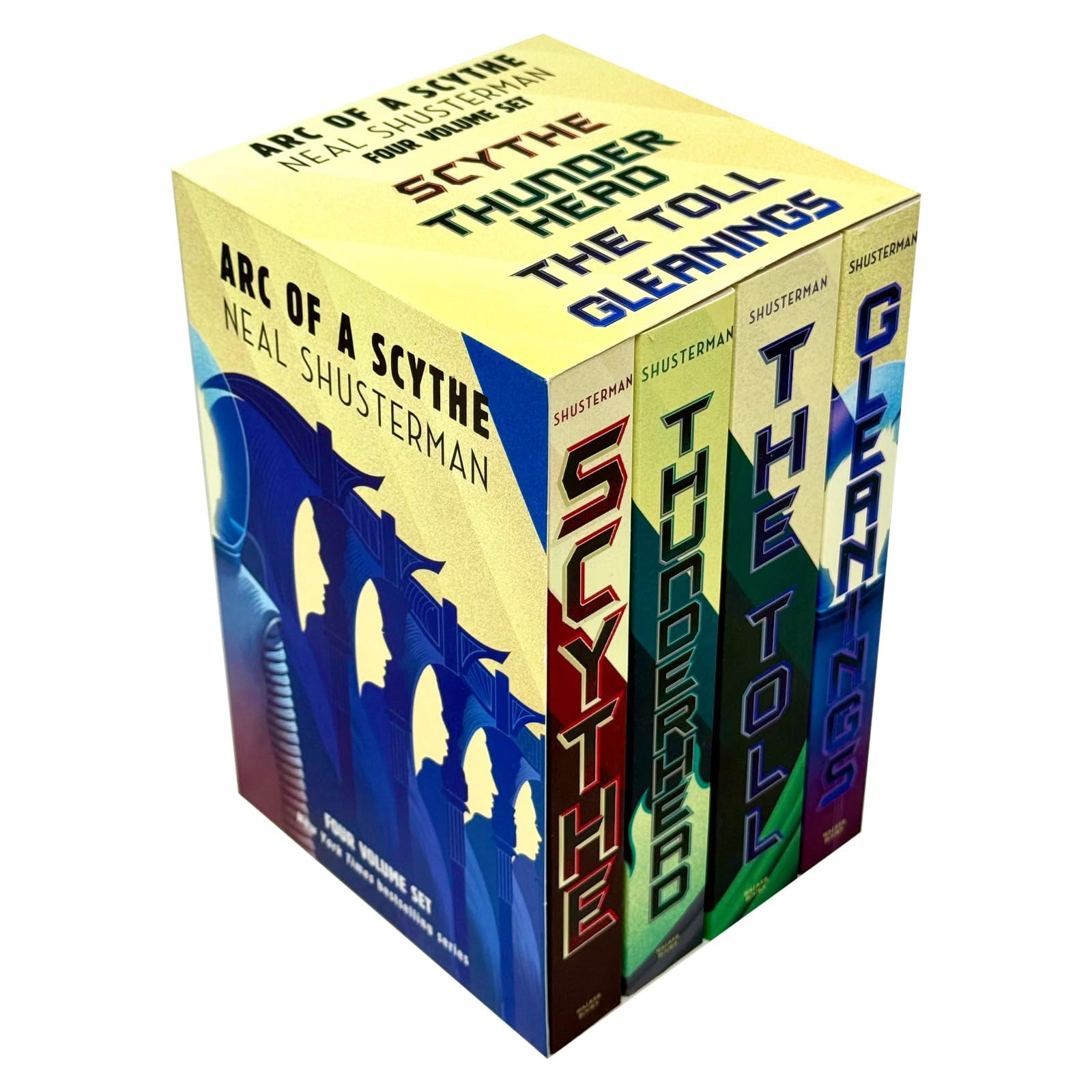 Back cover blurb and synopsis of the Arc of a Scythe paperback box set by Neal Shusterman