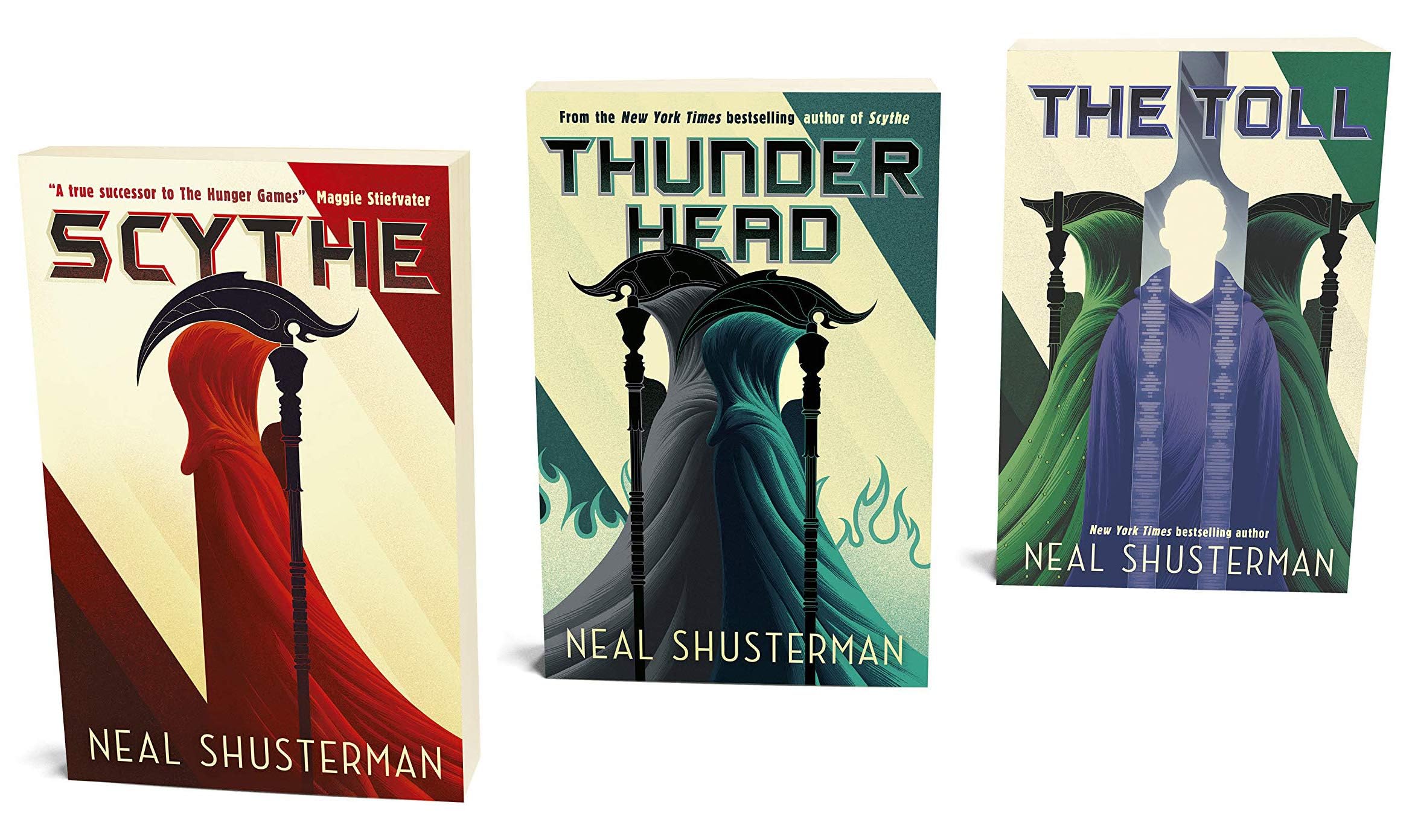 Back cover and spines of the Arc of a Scythe paperback trilogy boxed set by Neal Shusterman