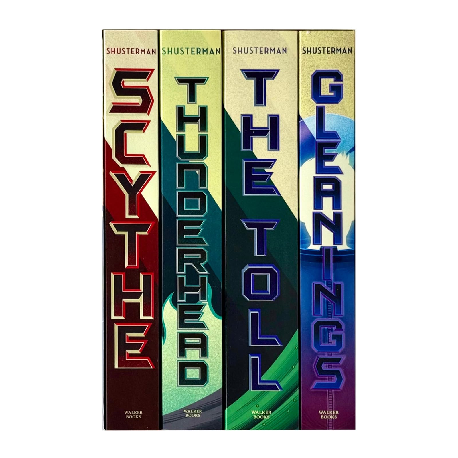 Arc of a Scythe 4-book paperback set - Scythe, Thunderhead, The Toll, and Gleanings spines and covers fanned out