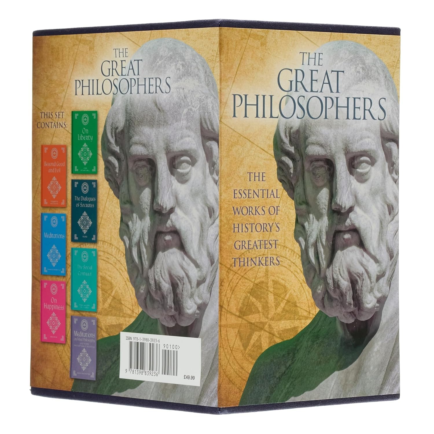 Full 7-book hardback philosophy box set fanned out showing spines of The Dialogues of Socrates, Meditations, and other titles