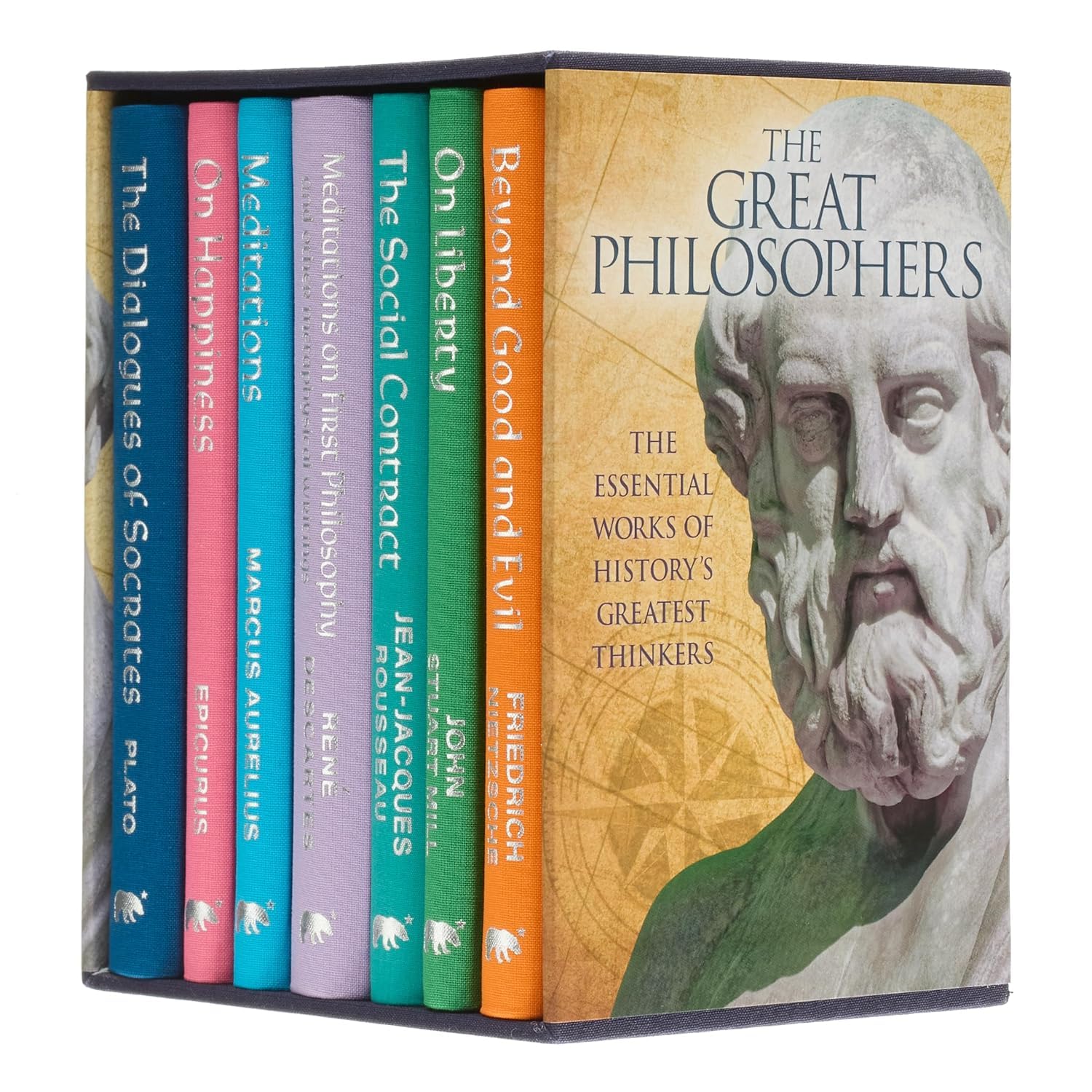 Front cover of the Arcturus Collector's Classics Philosophy 7 Books hardback collection set featuring Plato, Nietzsche, and Descartes
