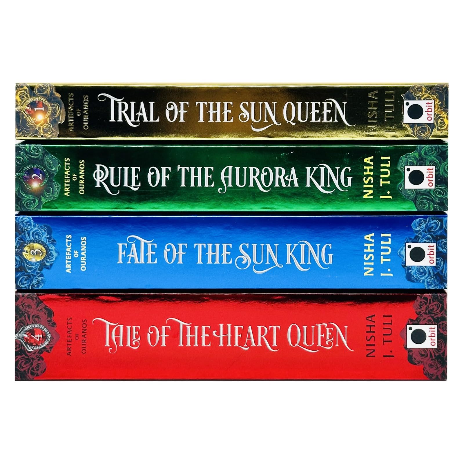 Close-up of the Artefacts of Ouranos paperback set showing Trial of the Sun Queen and Rule of the Aurora King cover art