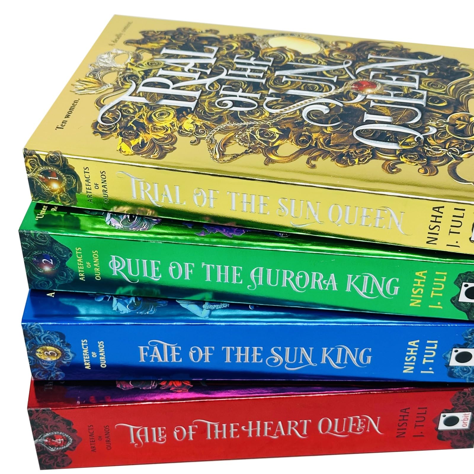 Artefacts of Ouranos paperback box set by Nisha J. Tuli with Fate of the Sun King and Tale of the Heart Queen covers visible