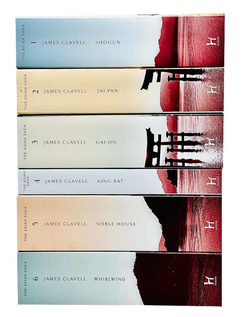 Angled stack of the six Asian Saga paperback novels by James Clavell, showing spine and cover detail for Shogun, Tai-Pan, Gai-Jin, King Rat, Noble House, and Whirlwind.