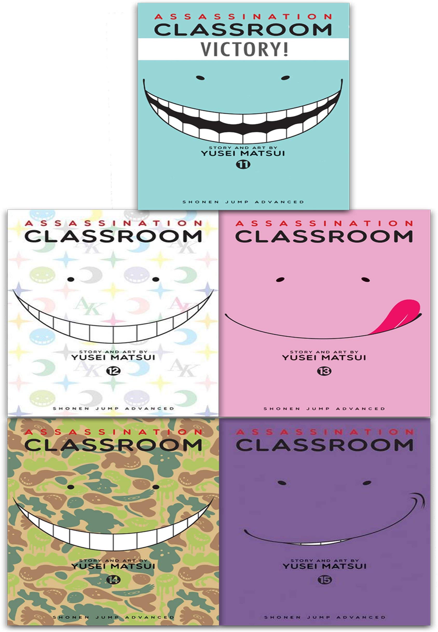 Assassination Classroom Volumes 11-15 paperback collection set spines and back covers shown together