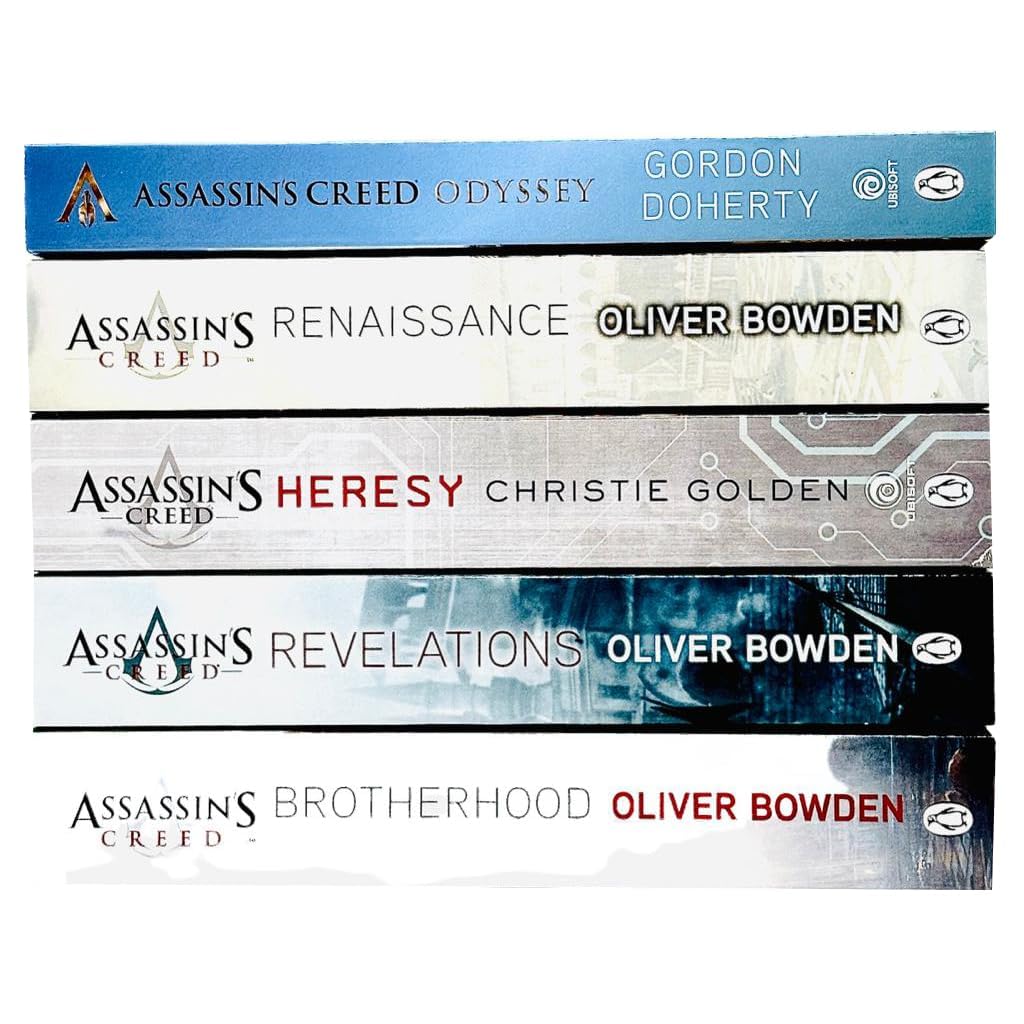 Back cover and spine detail of the Assassin's Creed 5 book paperback collection set showing all five titles in the series