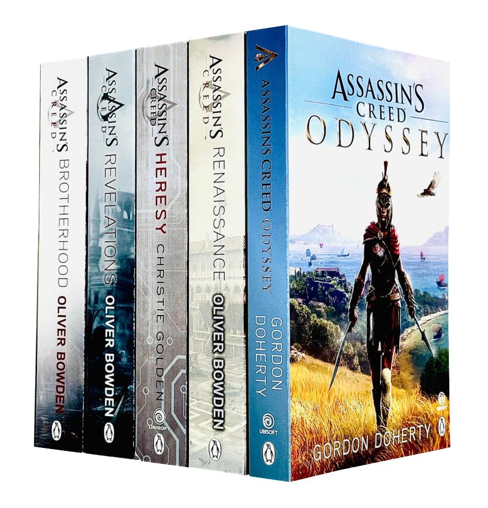 Assassin's Creed 5 Books Collection Set paperback front covers by Oliver Bowden and Christie Golden, featuring Renaissance, Brotherhood, Revelations, Odyssey, and Heresy
