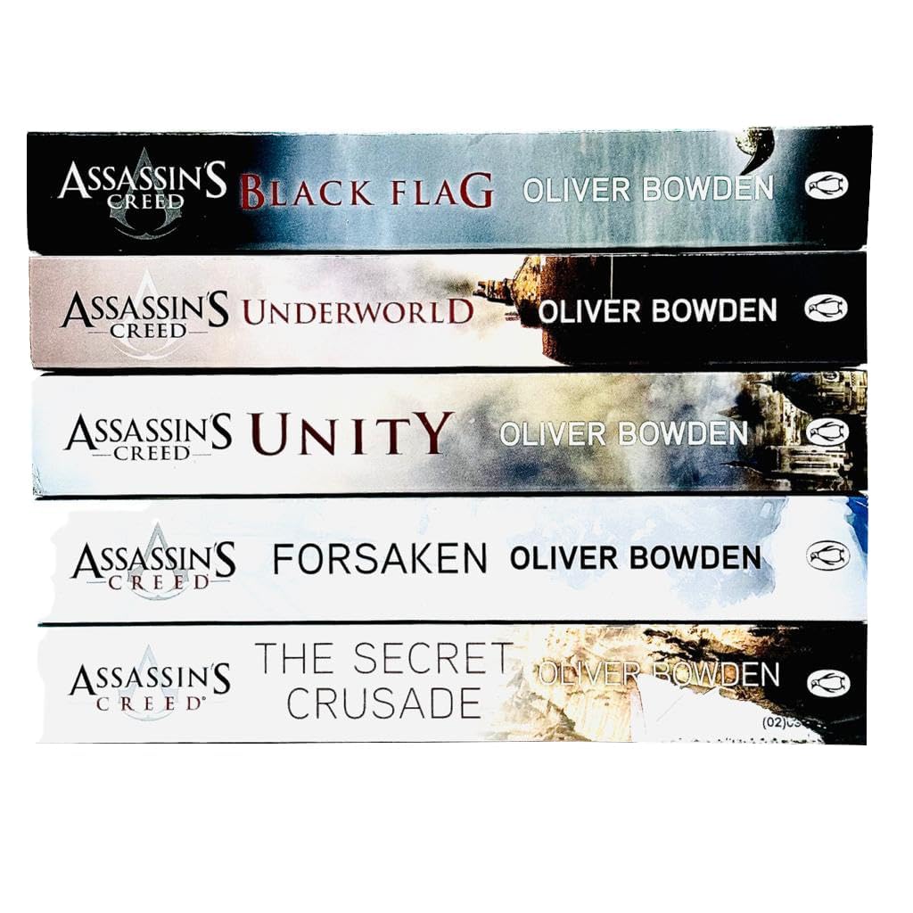 Back cover and spine detail of the Assassin's Creed 5-book paperback set by Oliver Bowden, showing series branding and blurb text
