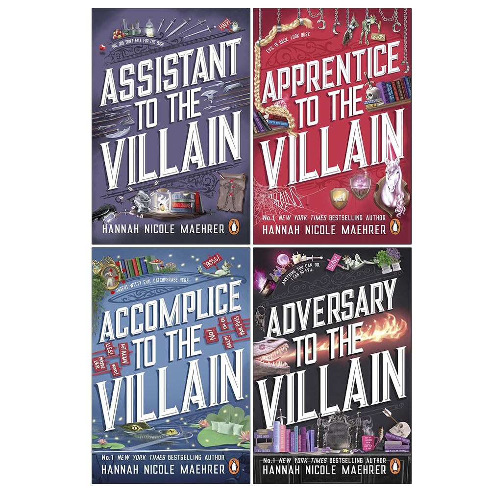 Assistant to the Villain 4 book paperback collection set by Hannah Nicole Maehrer, front covers of all titles