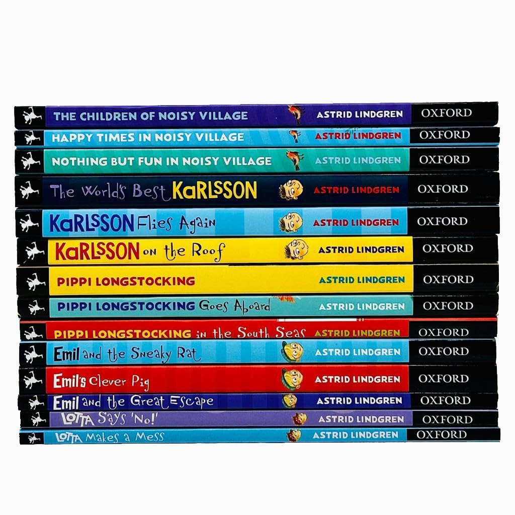 Astrid Lindgren 14 Books Collection Set, paperback, ages 7-9 — front cover close-up of the box packaging with title and character art.