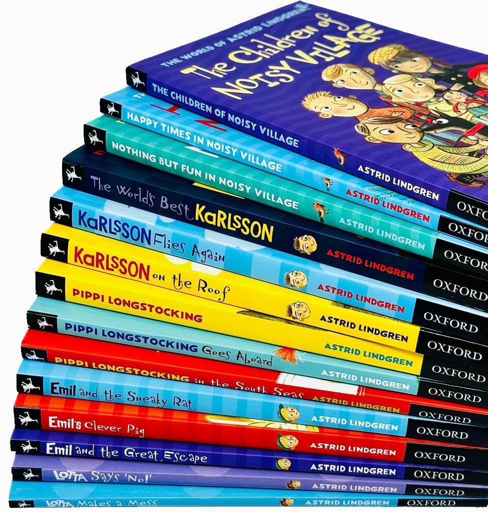 Astrid Lindgren 14 Books Collection Set, paperback, ages 7-9 — stacked books showing spines and titles in the collection.