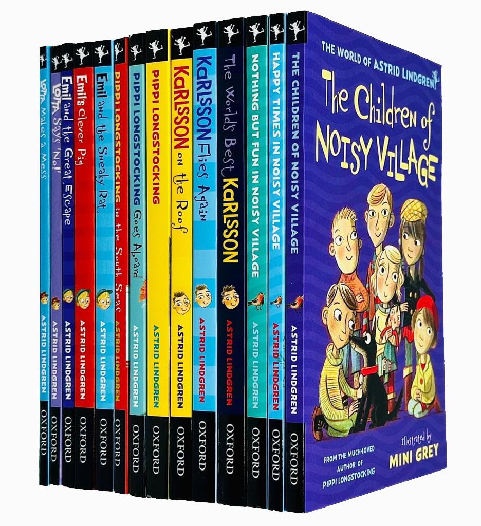 Astrid Lindgren 14 Books Collection Set, paperback, ages 7-9 — full set of all 14 books fanned out showing colorful covers.