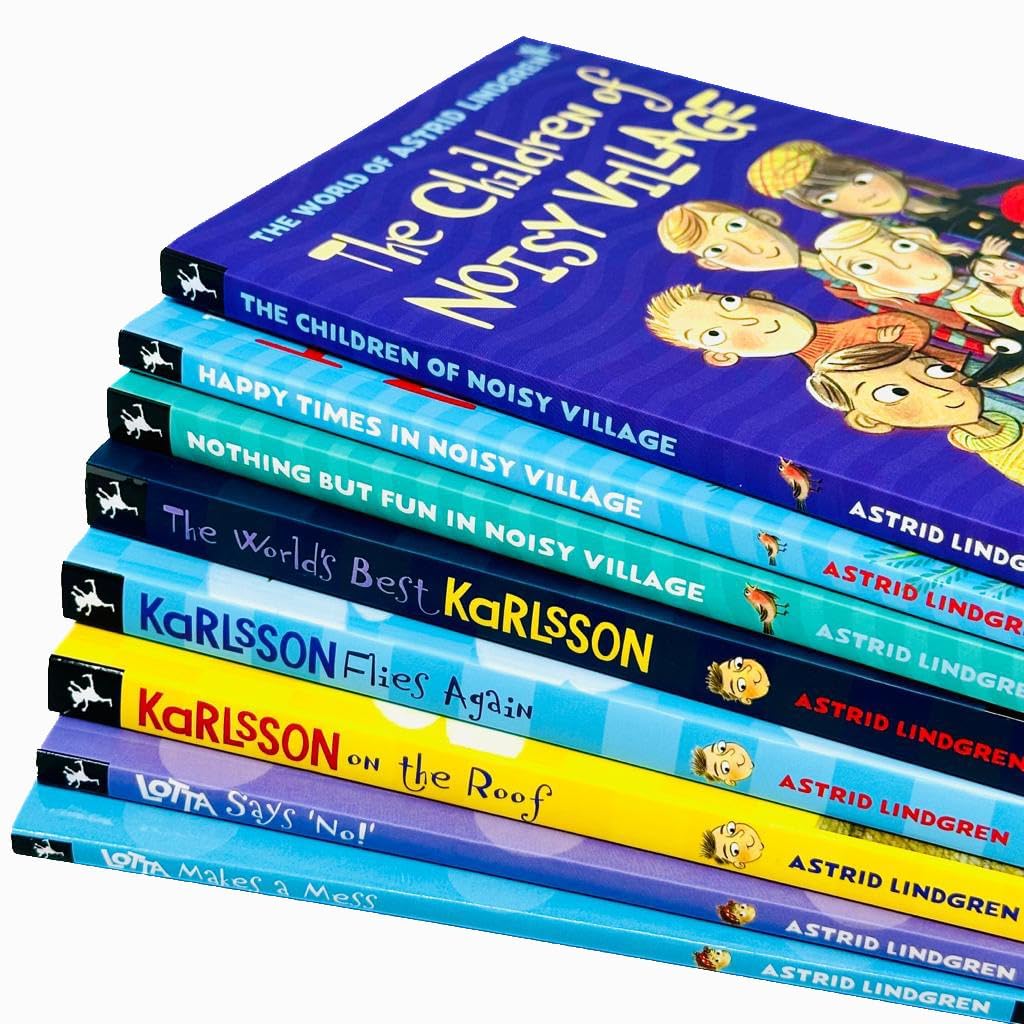 All eight paperback books in the Astrid Lindgren Collection fanned out showing spines and covers