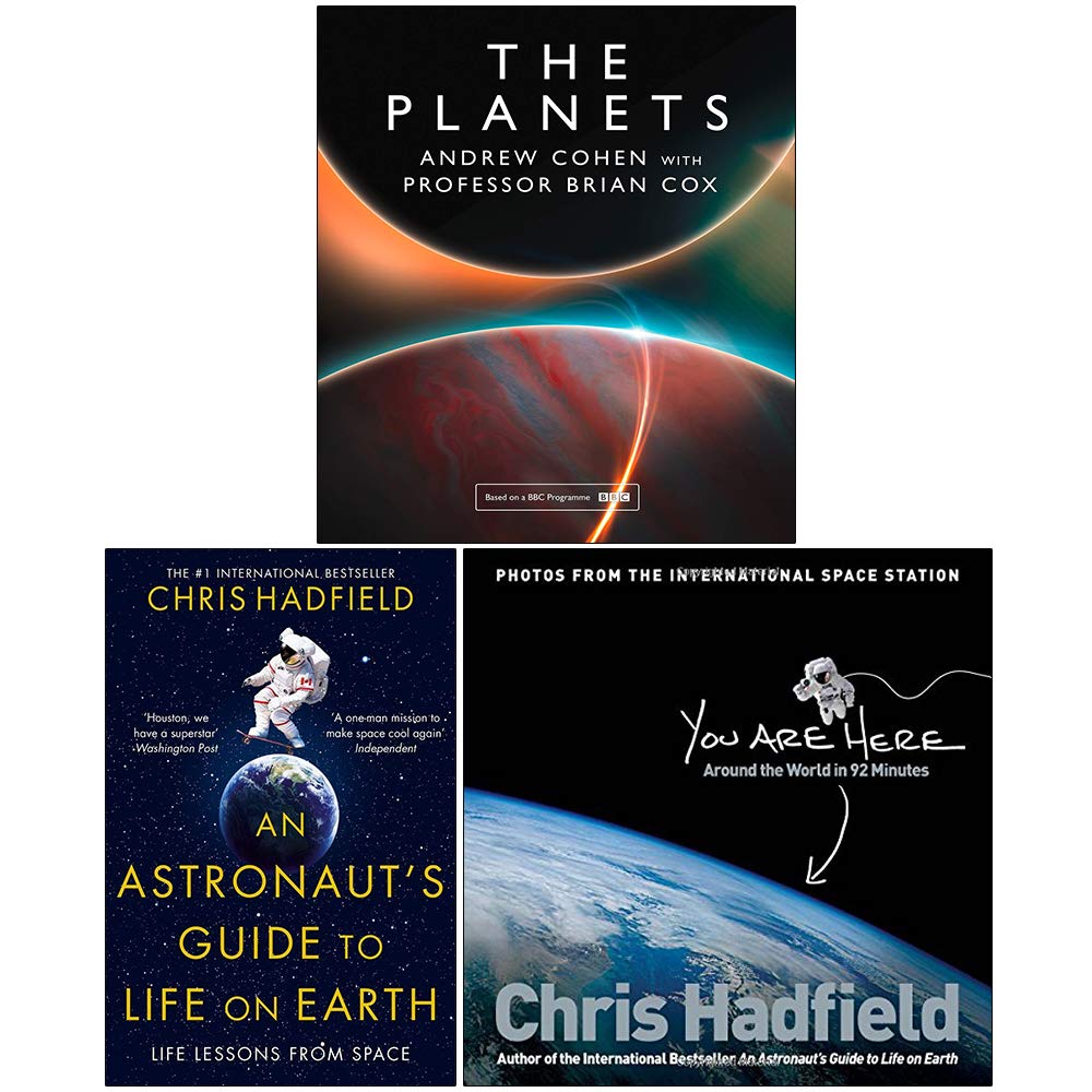 Astronomy, Space Exploration and Cosmology 3 Books Collection Set paperback front covers, including The Planets by Brian Cox and An Astronaut's Guide to Life on Earth by Chris Hadfield