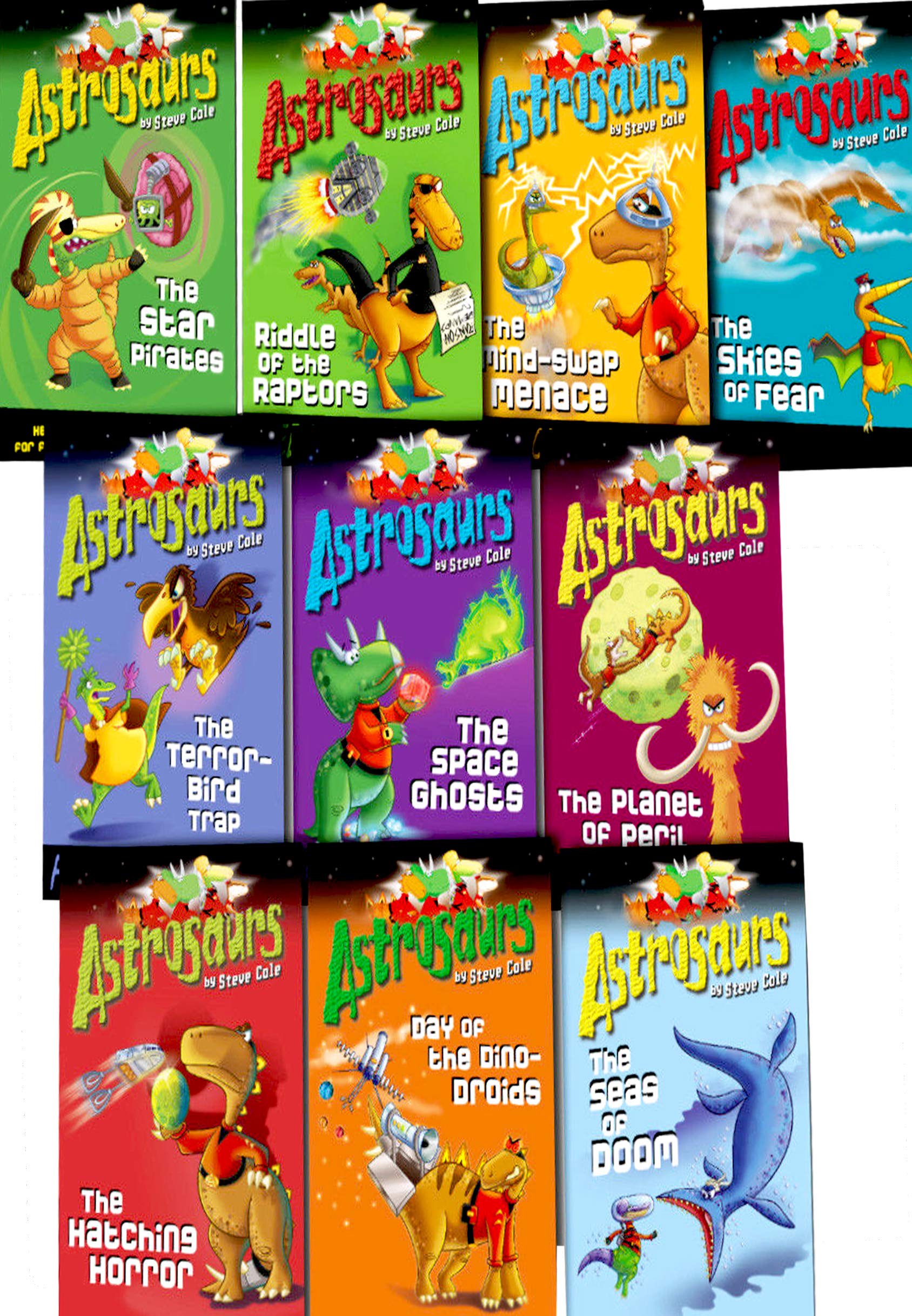Full Astrosaurs 10 book paperback set by Steve Cole fanned out showing all individual book cover titles