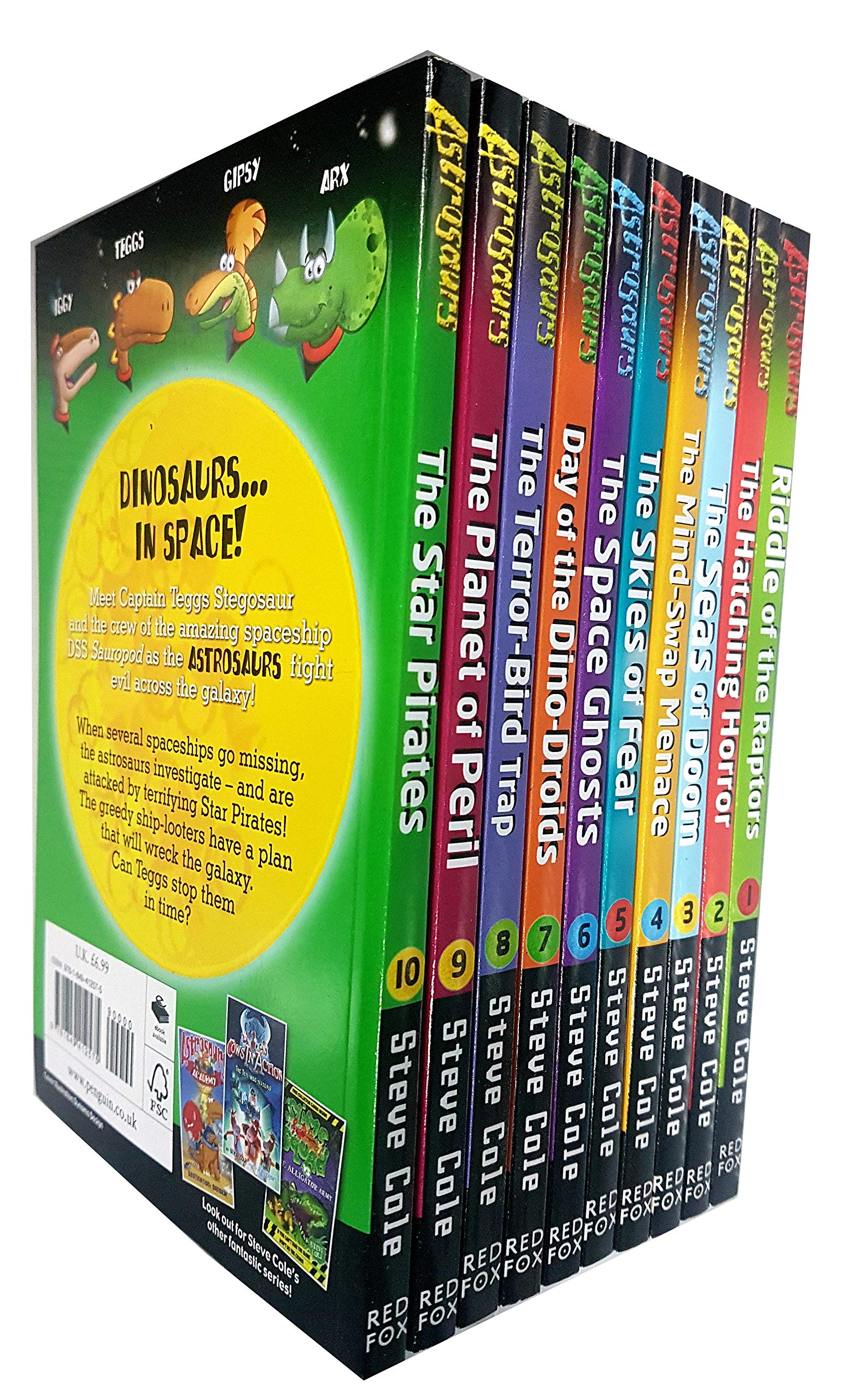 Close-up of Astrosaurs paperback book covers by Steve Cole showing Captain Teggs Stegosaur and dinosaur space-adventure artwork.