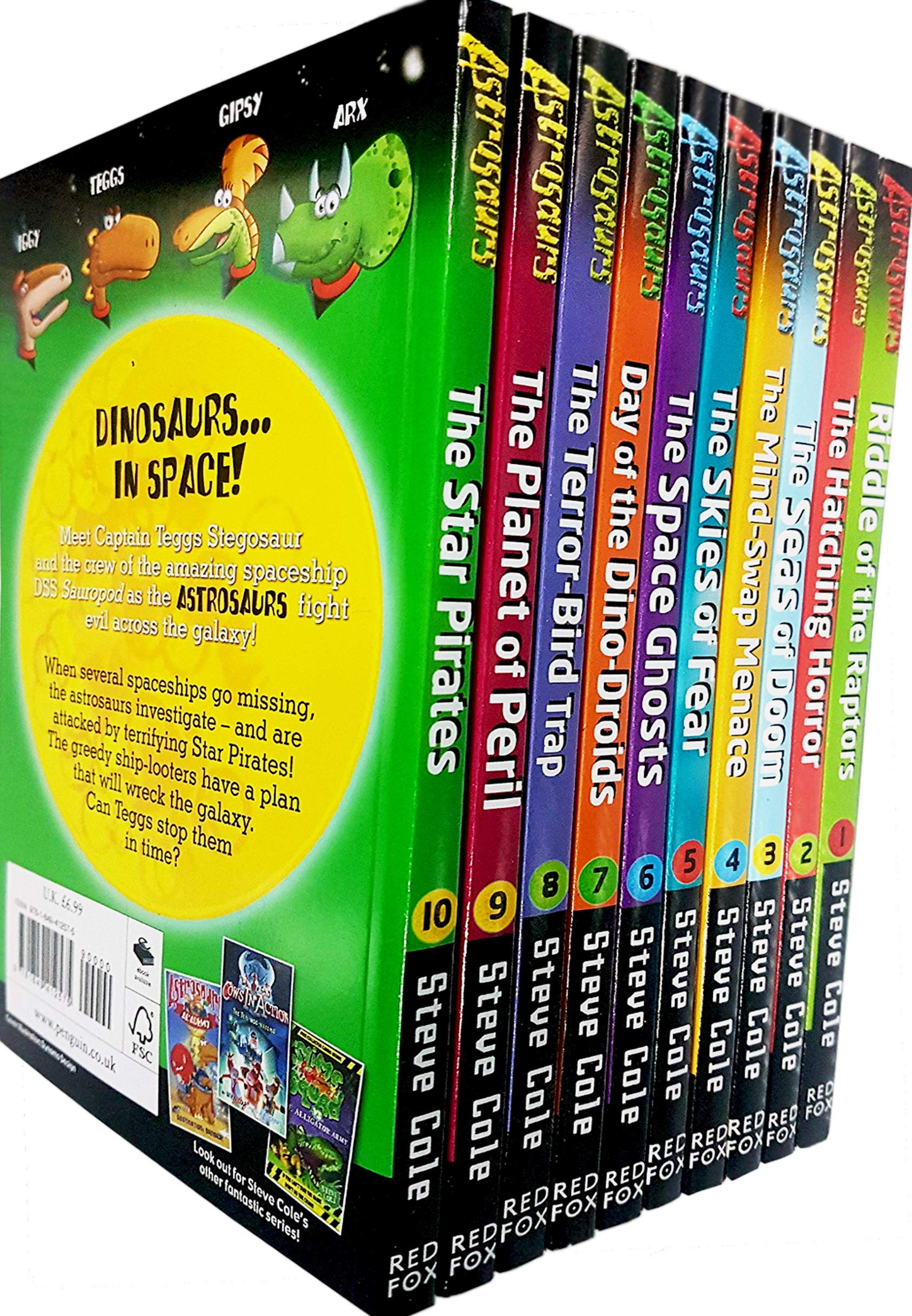Close-up of Astrosaurs paperback book spines and back cover text for the Steve Cole 10 book children's set