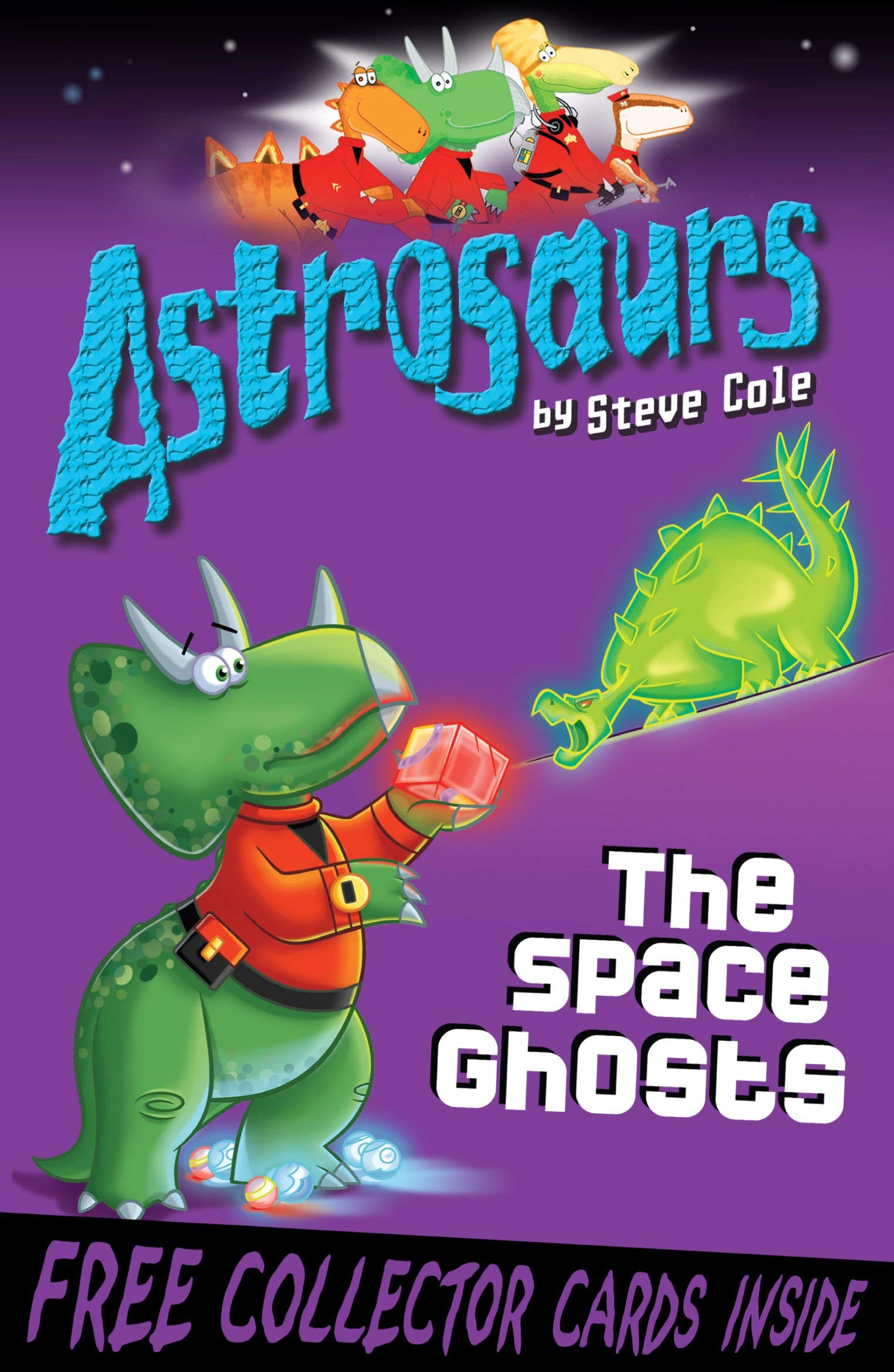 Astrosaurs 10-book paperback collection by Steve Cole stacked together, highlighting the full set of space-dinosaur adventures for ages 7-9.