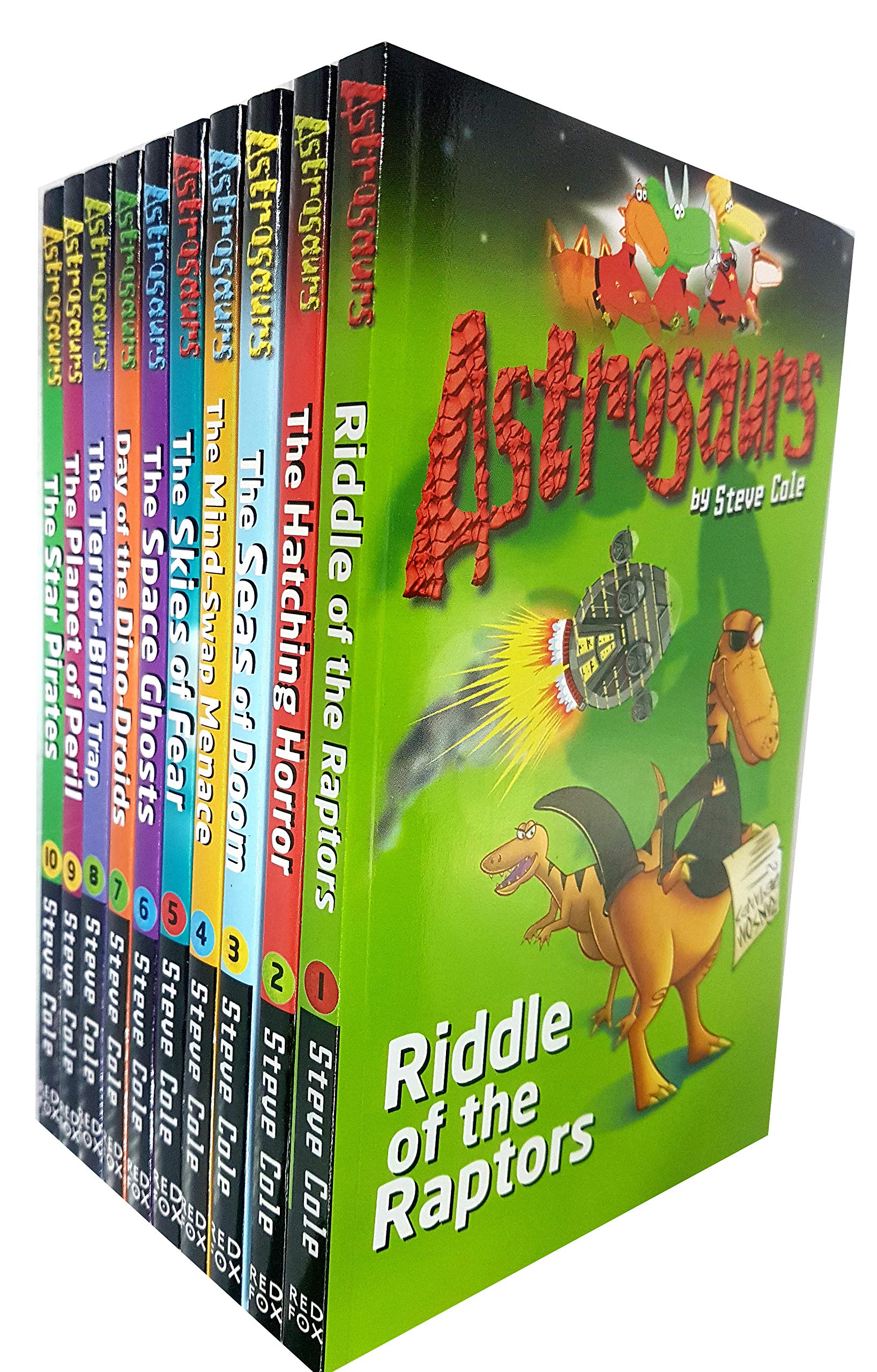 Astrosaurs Collection by Steve Cole 10-book paperback set for ages 7-9, front cover artwork with colorful dinosaur illustrations.