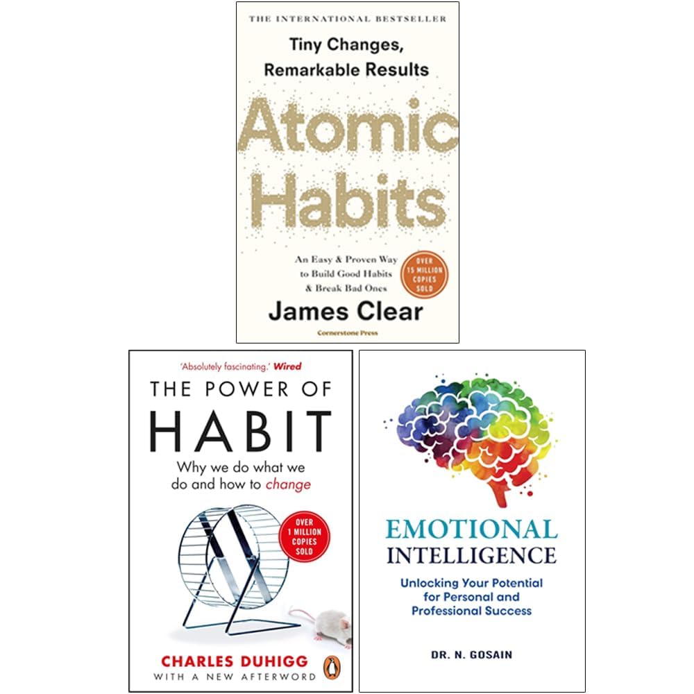 Front covers of the 3-book paperback set: Atomic Habits by James Clear, The Power of Habit by Charles Duhigg, and Emotional Intelligence