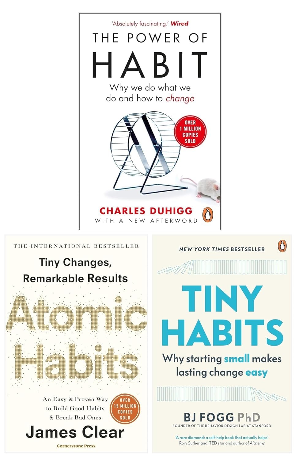 Atomic Habits, Tiny Habits and The Power of Habit 3 books collection set paperback front cover