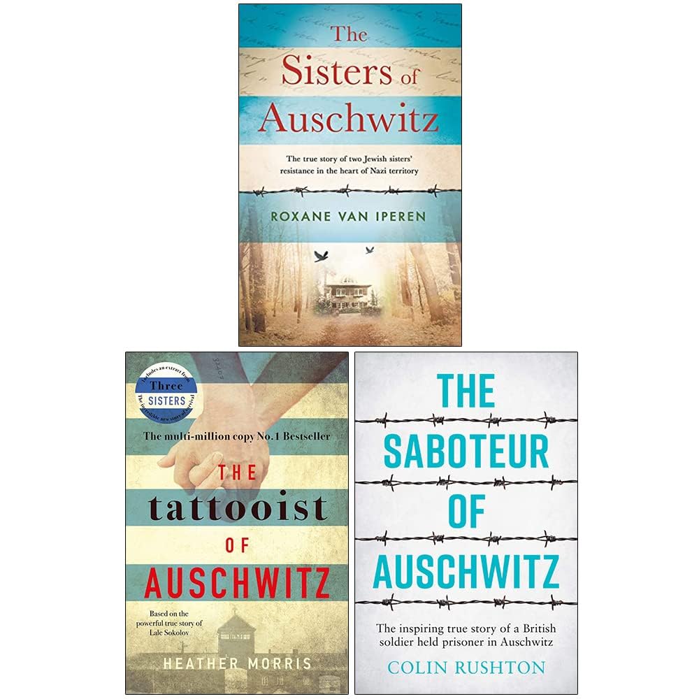 Auschwitz Collection 3 books paperback set featuring The Sisters of Auschwitz, The Tattooist of Auschwitz, and The Saboteur of Auschwitz front covers