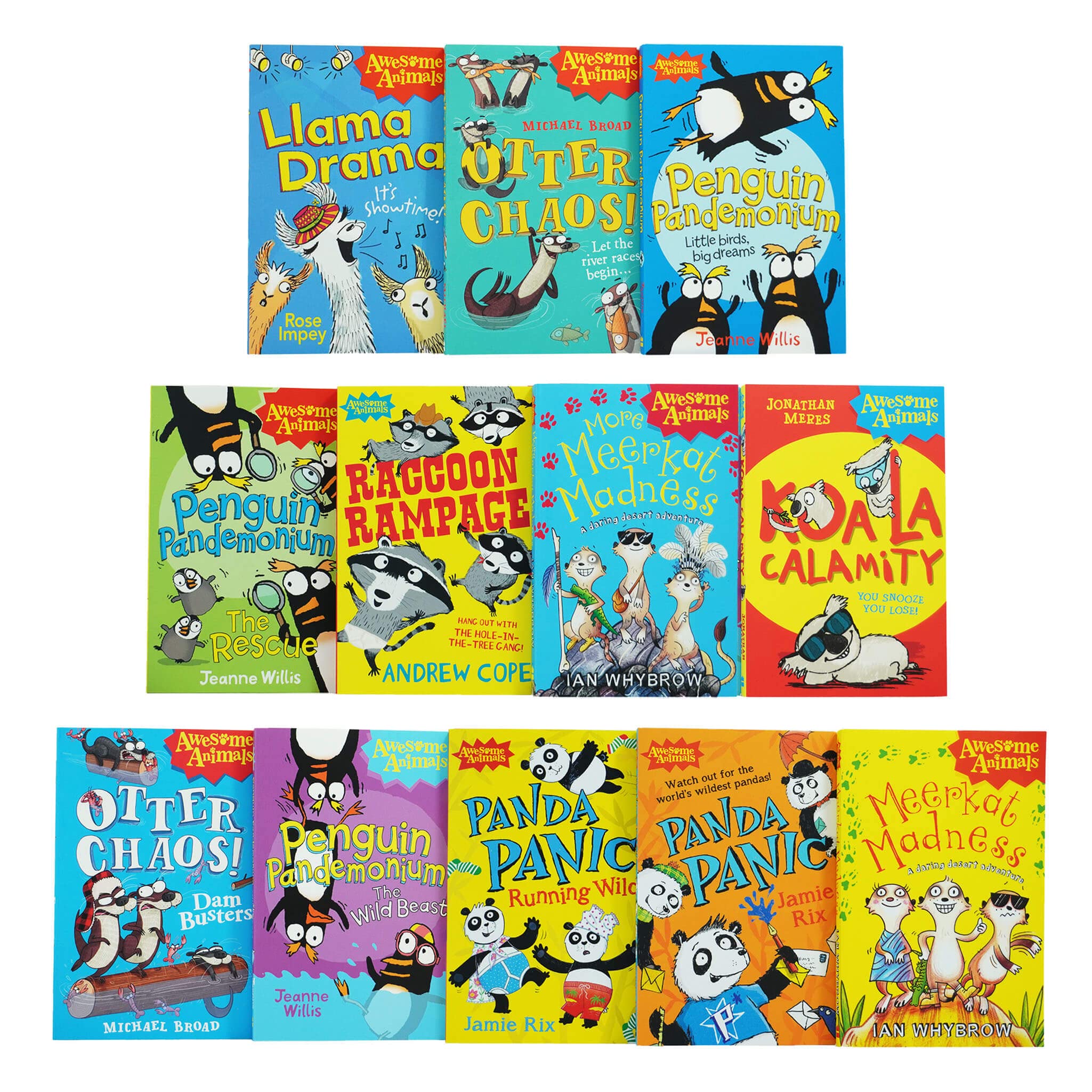 Back cover of the Awesome Animals paperback set showing the full list of twelve titles including Panda Panic and Llama Drama