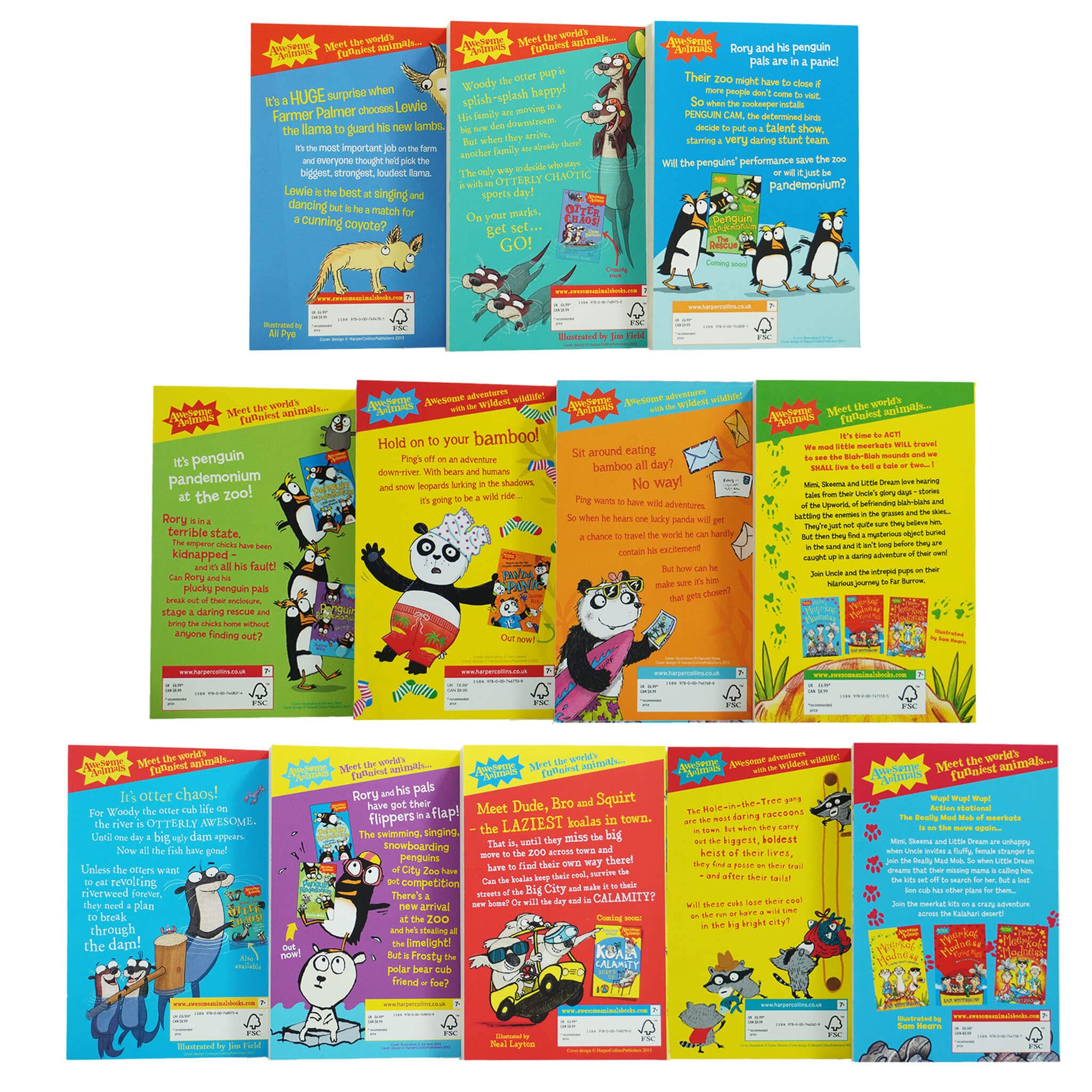 All twelve Awesome Animals paperback books fanned out together, showing Otter Chaos, Penguin Pandemonium, Meerkat Madness and more