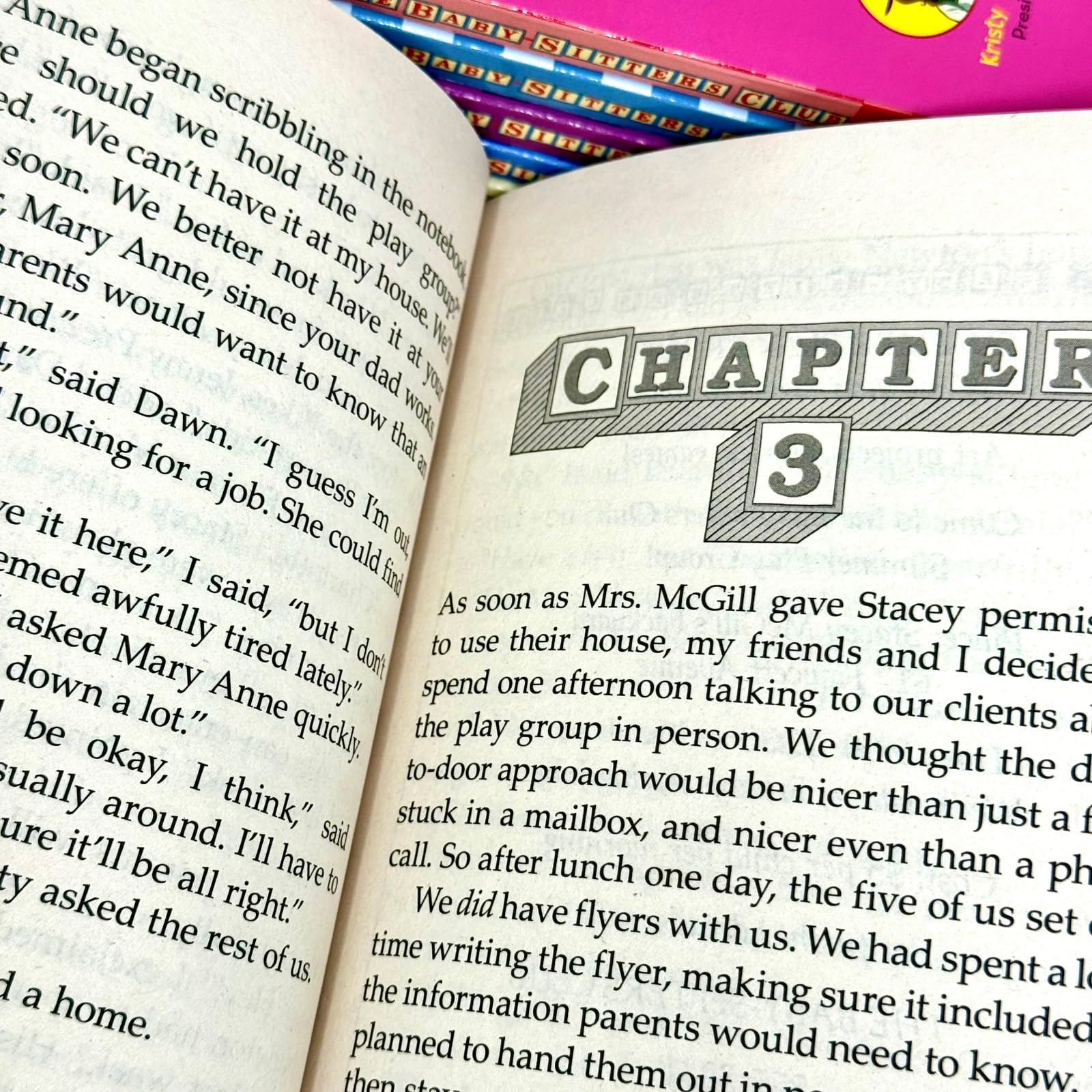 Close-up of Baby-Sitters Club Volume 7-12 paperback book spines and titles