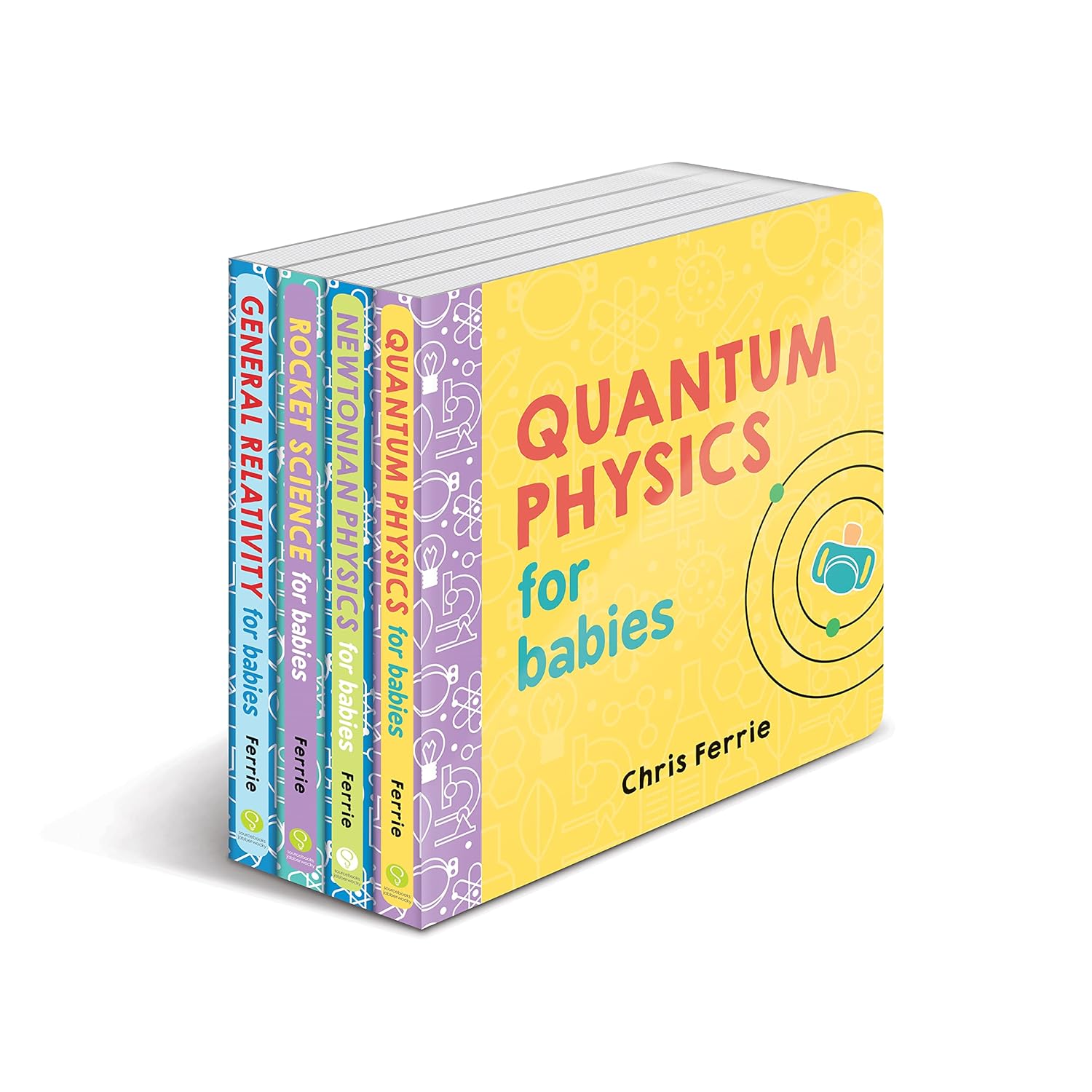 Baby University 4-book board book set by Chris Ferrie showing all four front covers: Quantum Physics, Rocket Science, General Relativity, and Newtonian Physics for Babies, ages 0-3.