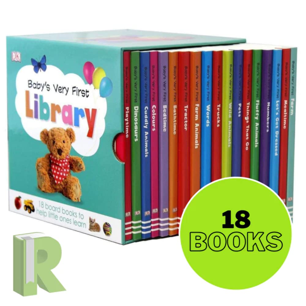 All 18 individual board books from Baby's Very First Library fanned out, showing titles like Bedtime, Numbers, and Colours