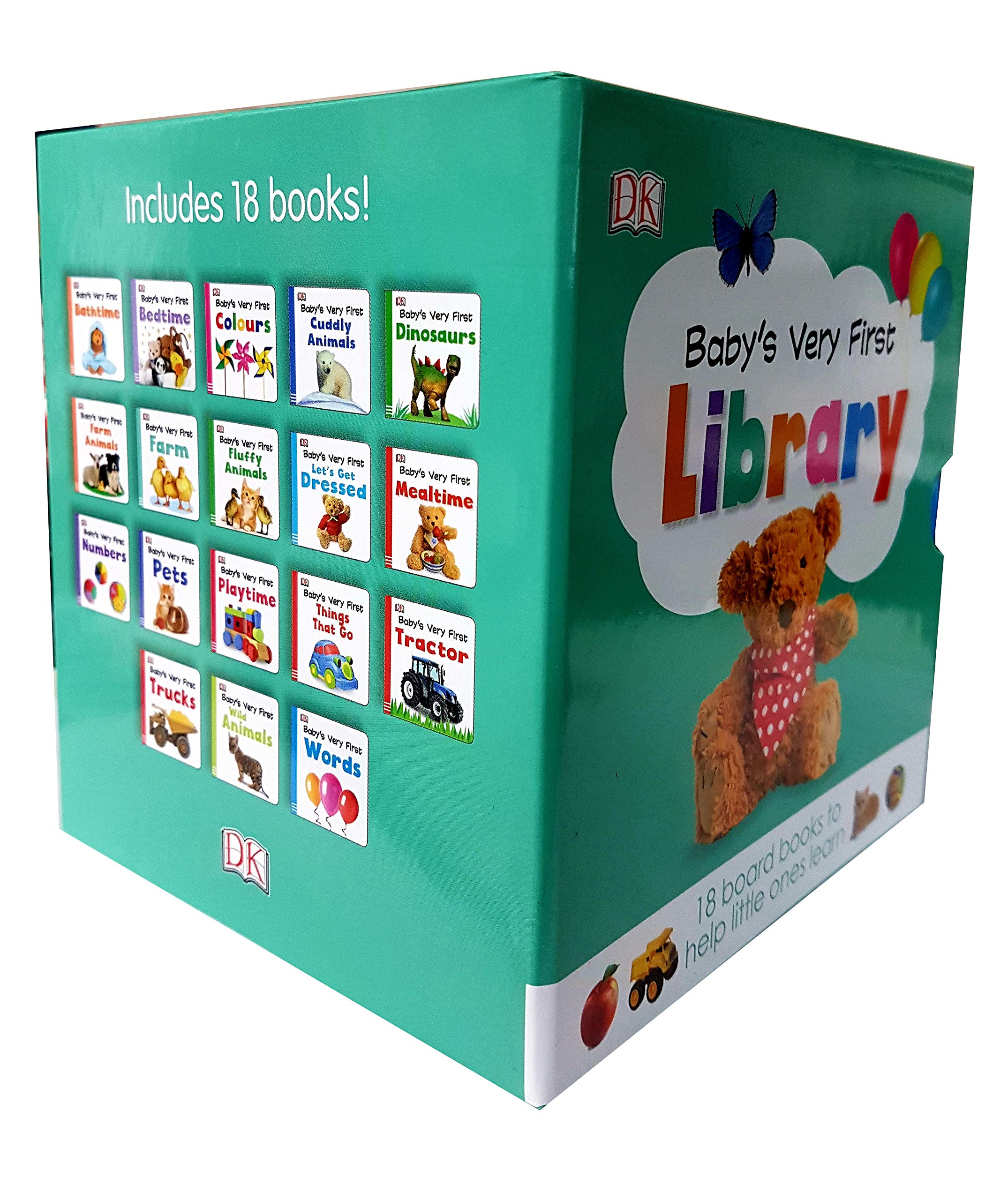 Baby's Very First Library board books fanned out showing individual titles like Numbers, Colours, and Trucks