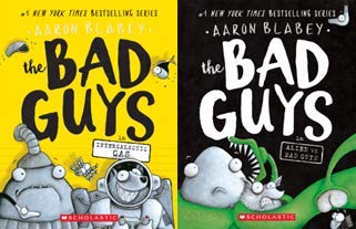 Close-up of The Bad Guys book spines stacked together, showing series branding and titles