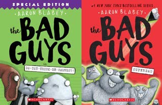 Inside page spread from a Bad Guys book showing comic-style illustrations and speech bubbles