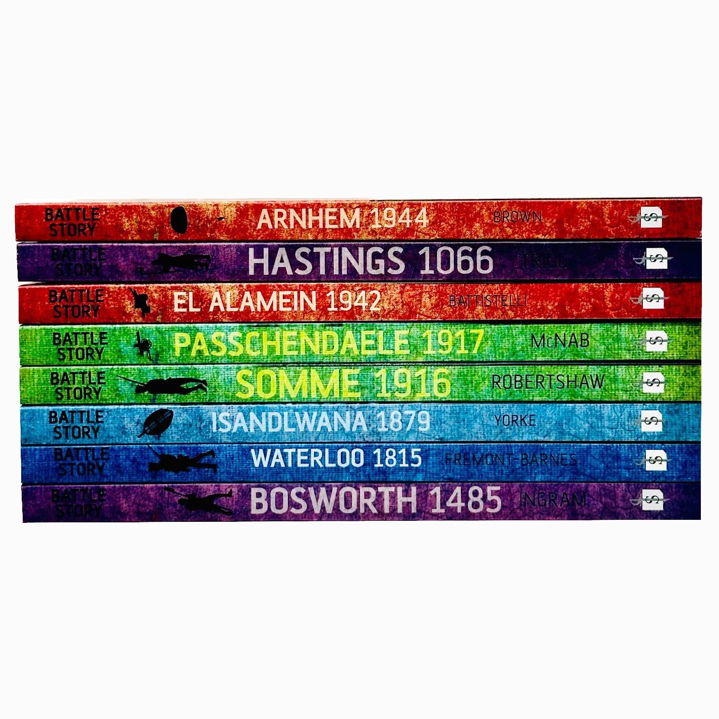 Full set of 8 Battle Story paperbacks fanned out showing all titles from Hastings 1066 to Arnhem 1944