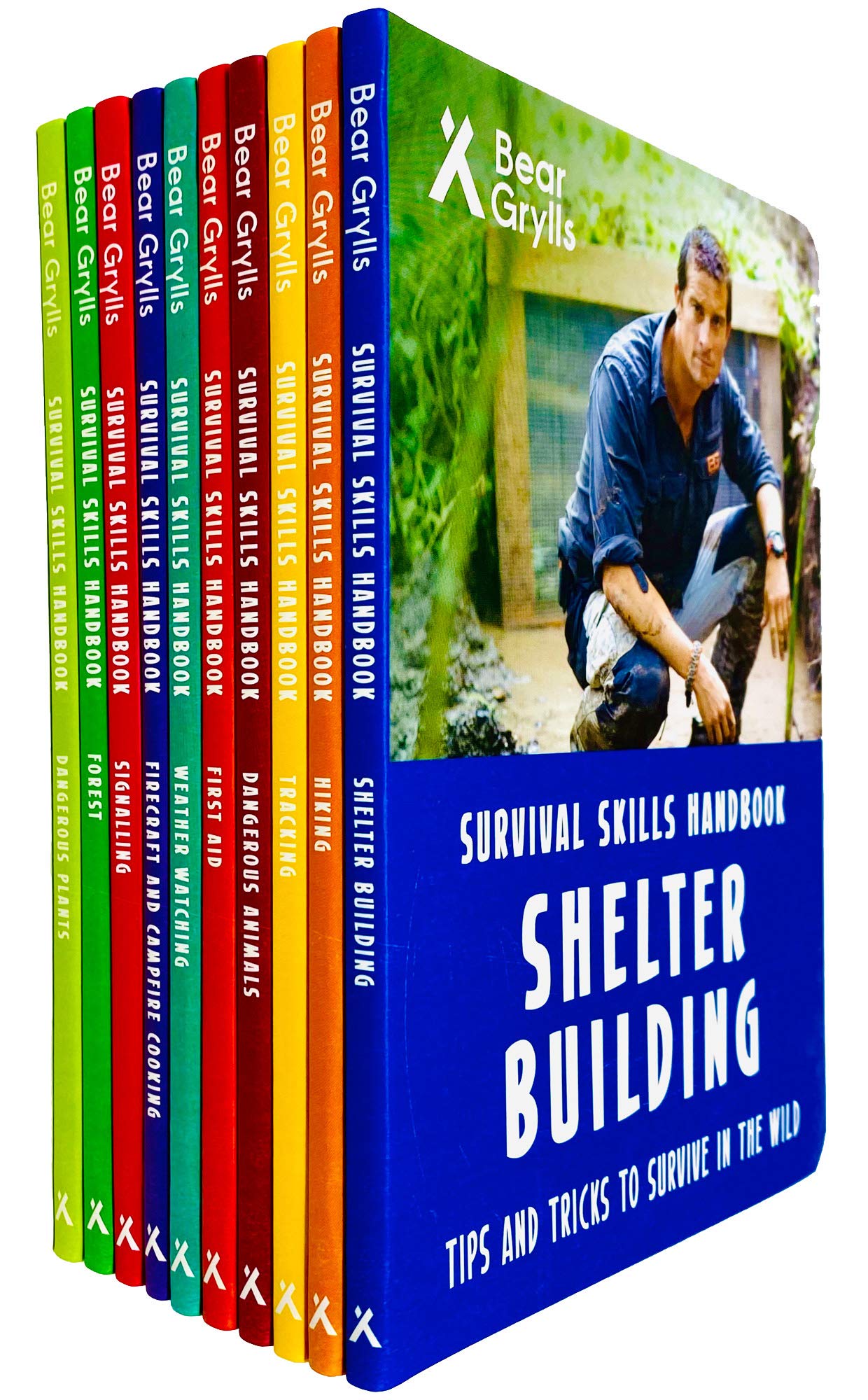 Bear Grylls Survival Skills Handbook 10 Books Collection Set - the ten paperback handbooks fanned out showing individual titles